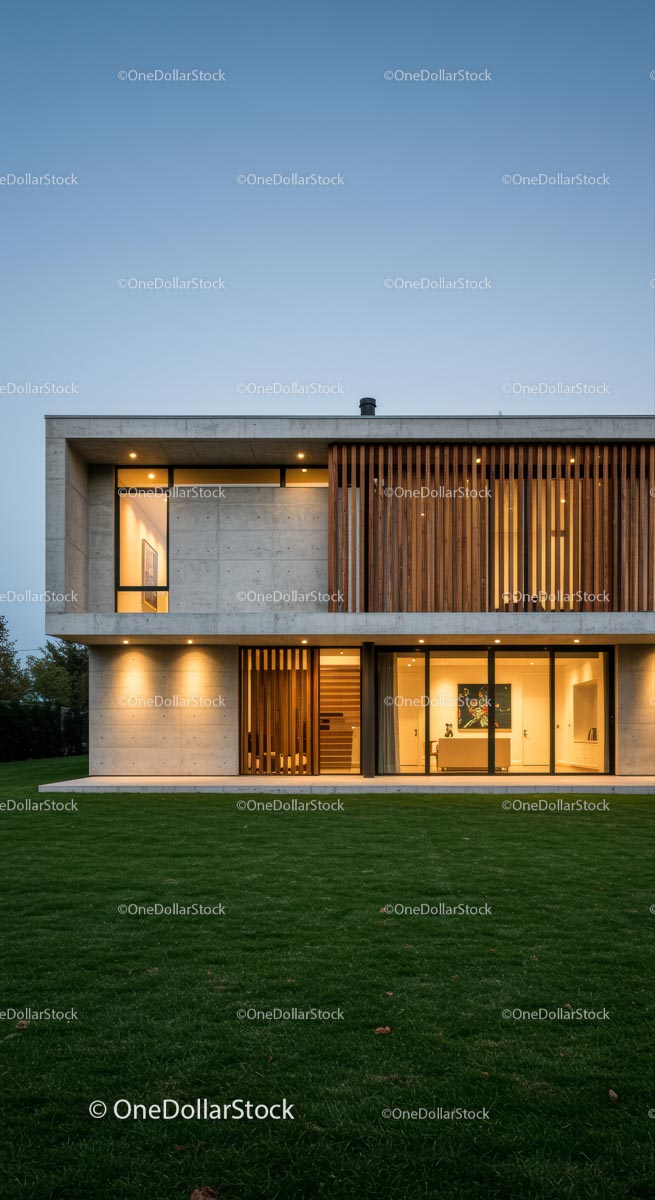 Modern Luxury Home with Wooden Accents at Dusk
