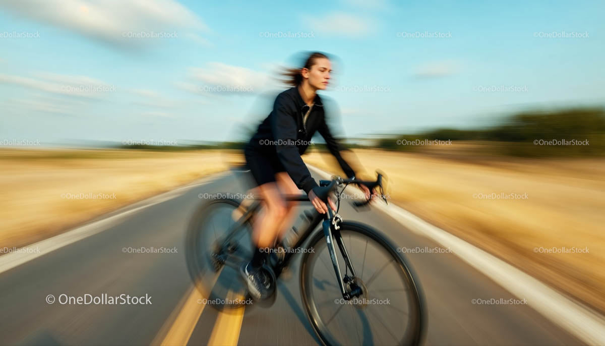 Blurred Cyclist Riding Fast on Open Road