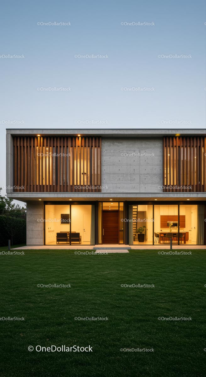Modern Luxury Home with Wooden Accents at Dusk