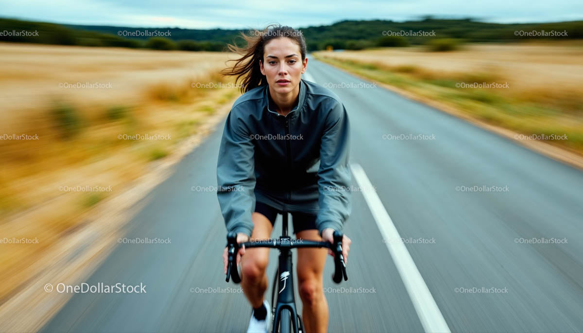 Determined Woman Cycling Through Scenic Countryside