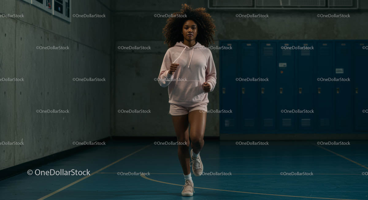 Athletic Woman Jogging Indoors in Casual Sportswear