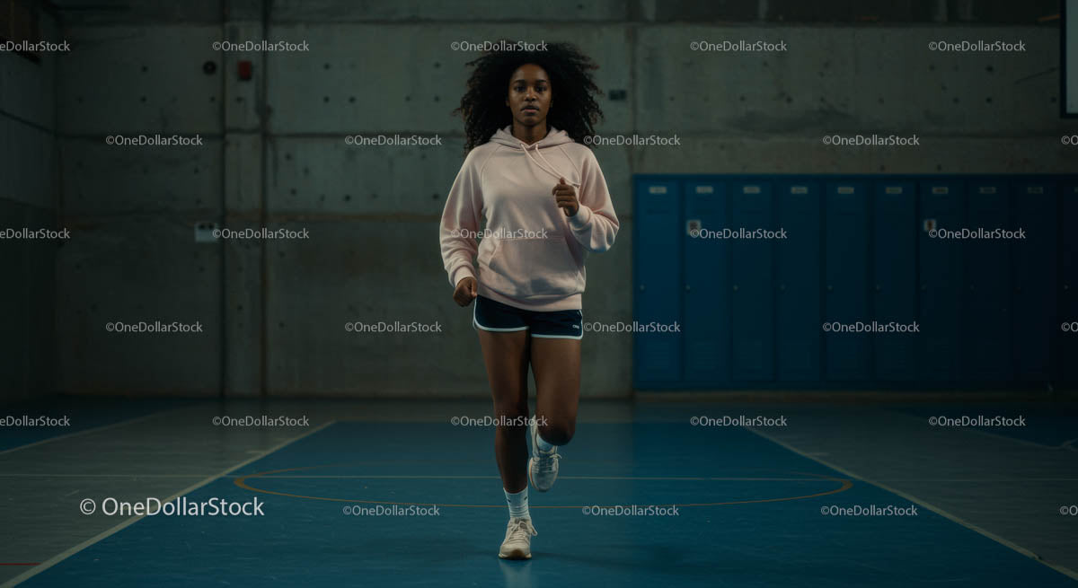 Focused Woman Running in Indoor Gym Setting