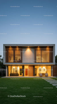 Modern Luxury Home with Wooden Accents at Dusk