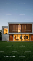 Modern Luxury Home with Spacious Lawn in Evening Light