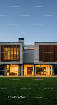 Modern Luxury Home with Spacious Lawn in Evening Light