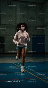Woman Running Indoors Wearing Pink Hoodie and Shorts