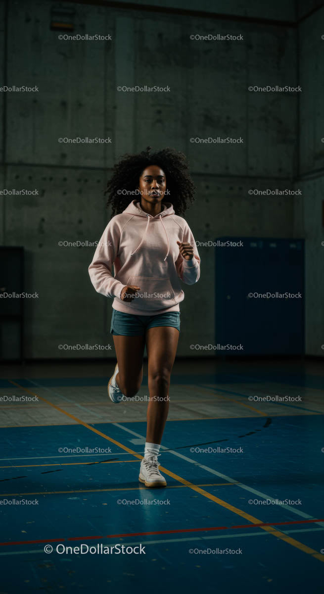 Woman Running Indoors Wearing Pink Hoodie and Shorts