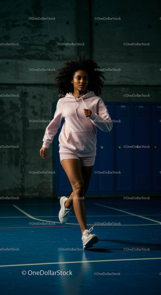 Woman Running Indoors in Pink Athletic Wear