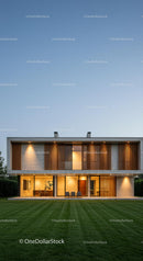 Modern Luxury Home with Spacious Lawn in Evening Light