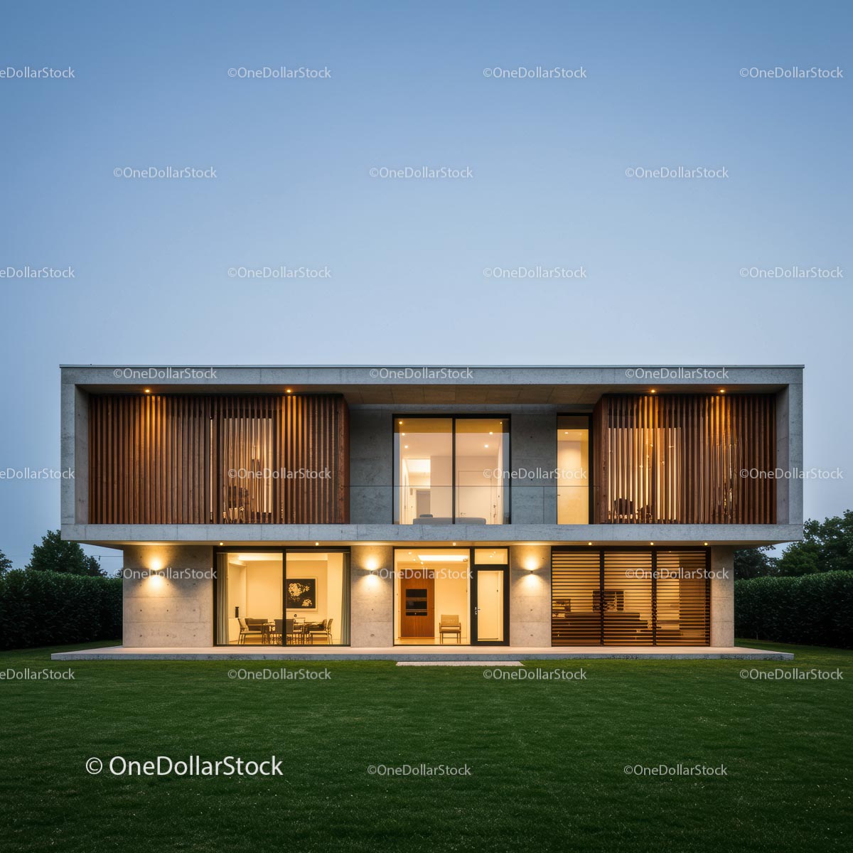 Modern Luxury Home with Spacious Lawn in Evening Light