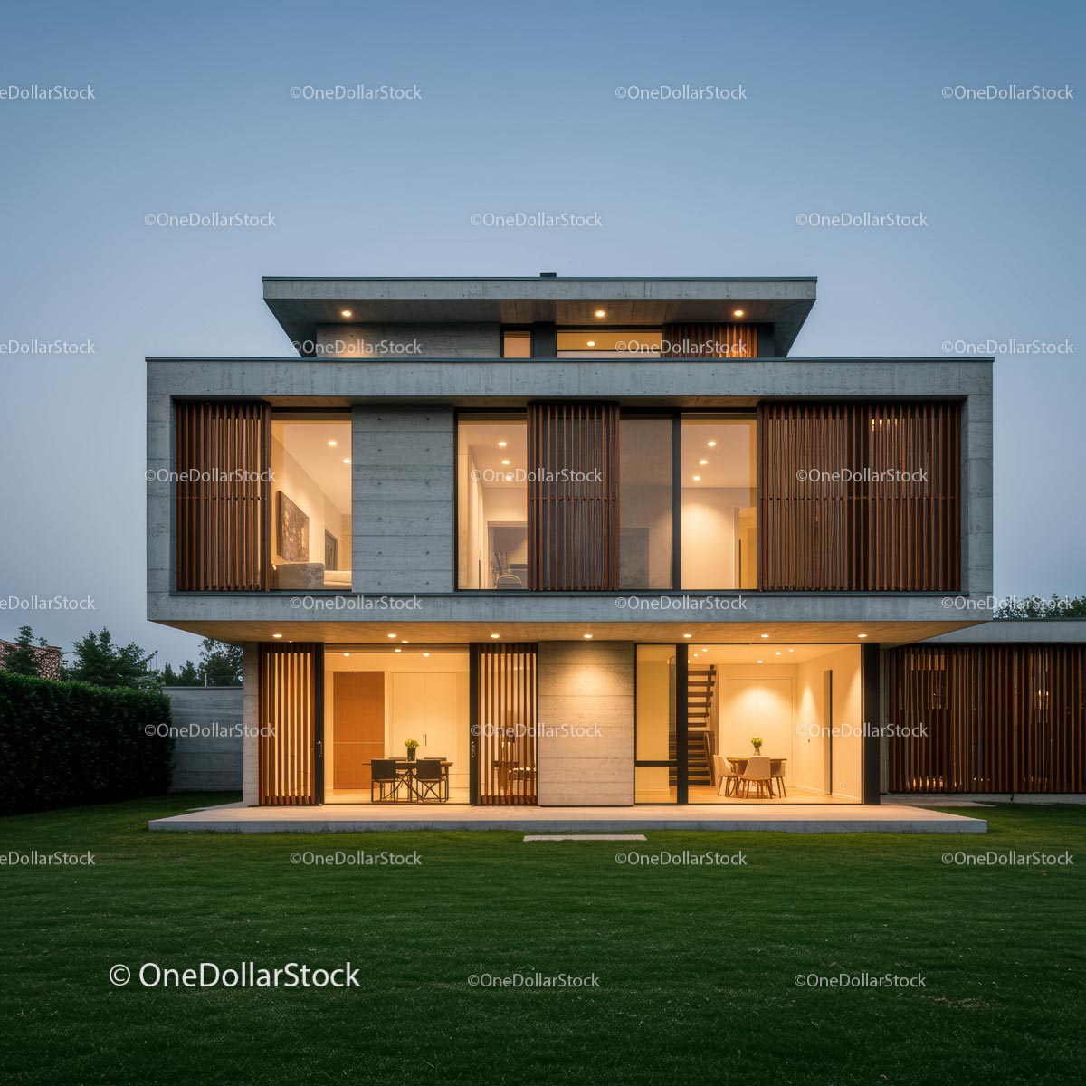 Modern Luxury Home with Spacious Lawn in Evening Light