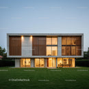 Modern Luxury Home with Spacious Lawn in Evening Light