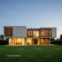 Modern Luxury Home with Spacious Lawn in Evening Light
