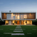 Modern Luxury Home with Spacious Lawn in Evening Light