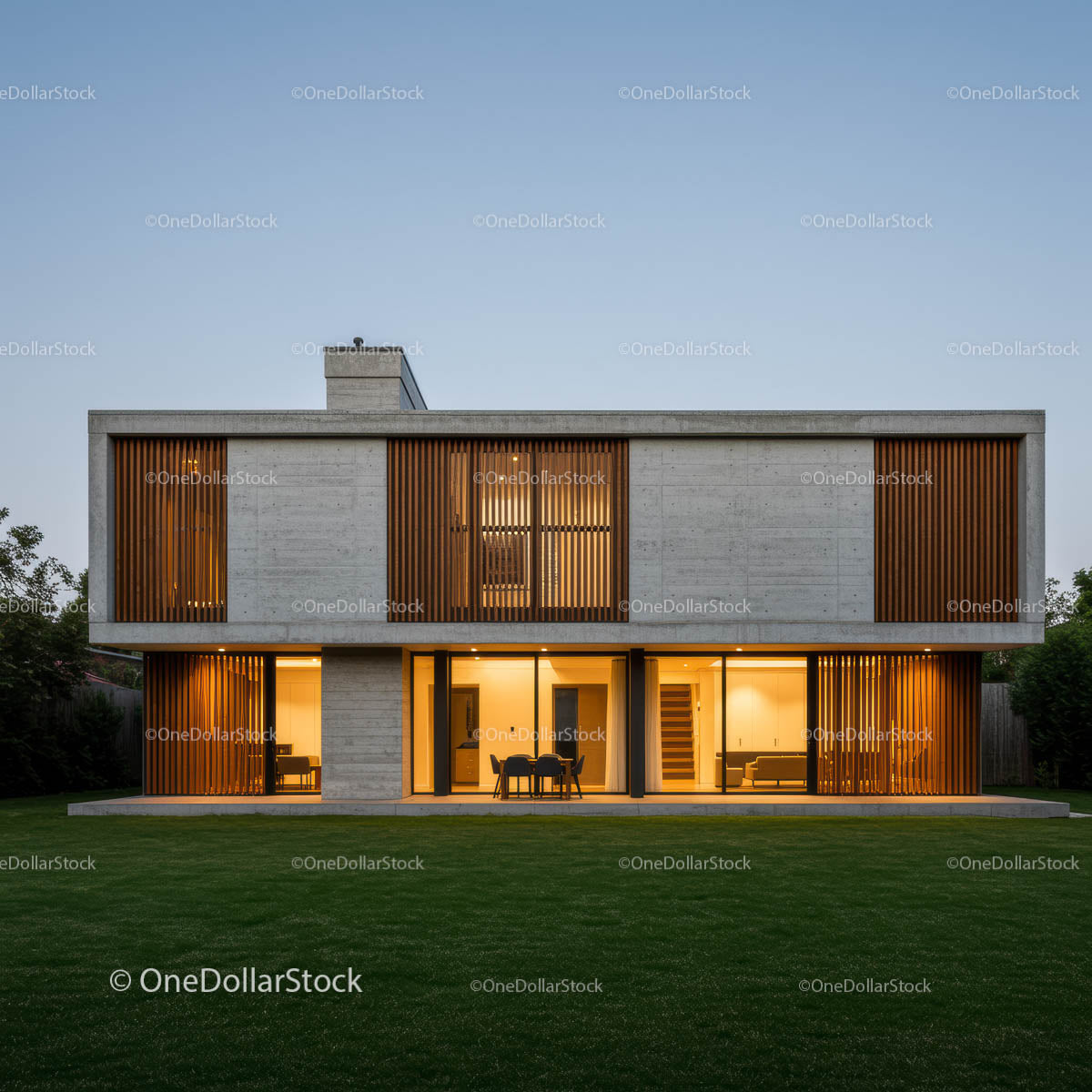 Modern Concrete House with Wooden Accents at Dusk