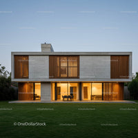 Modern Concrete House with Wooden Accents at Dusk
