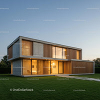 Modern Luxury Home with Spacious Lawn in Evening Light