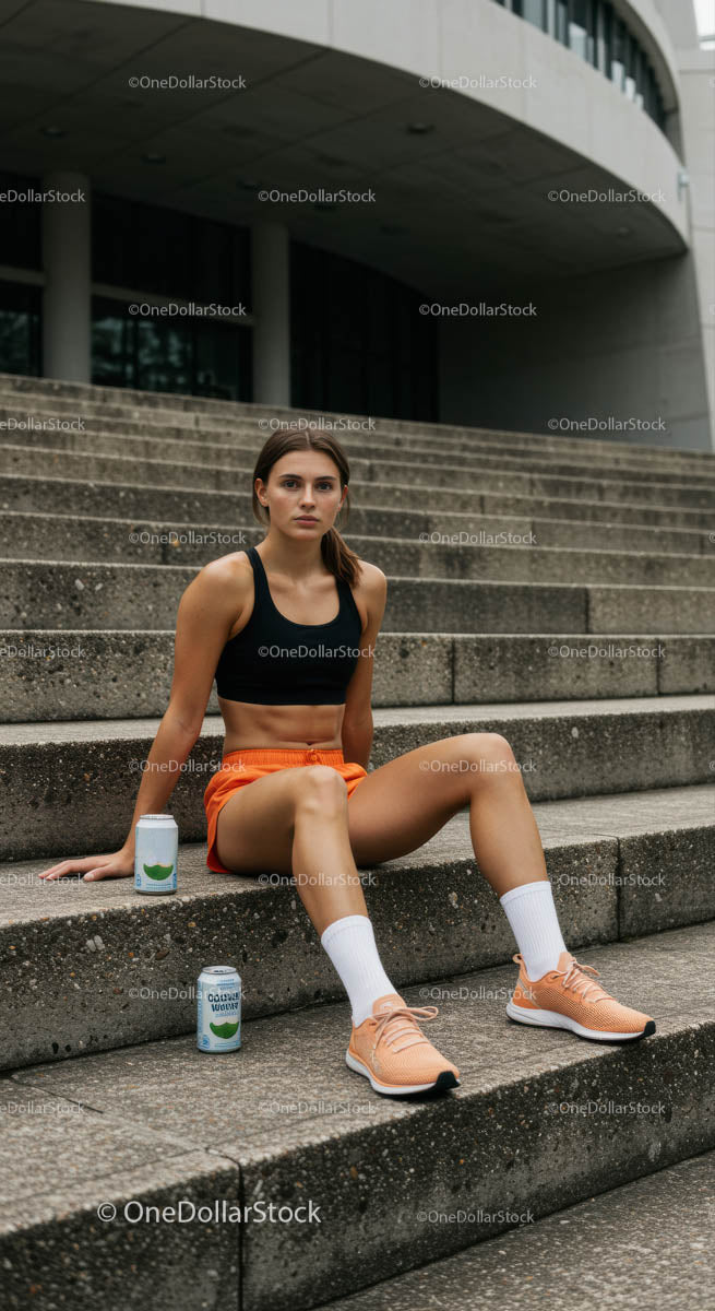 Kobieta w stroju sportowym odpoczywająca na miejskich schodach