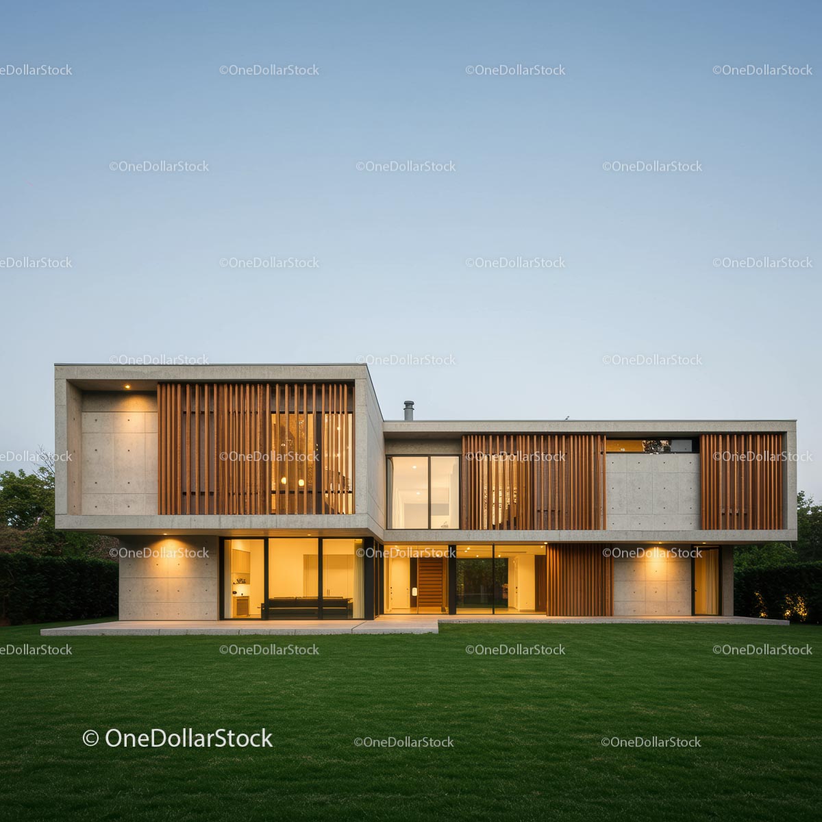 Modern Luxury Home with Spacious Lawn in Evening Light
