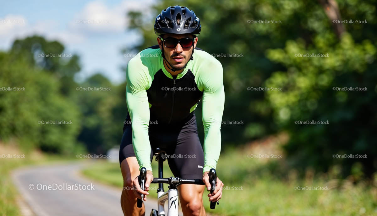 Cyclist in Green Jersey Riding on Sunny Road
