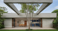 Modern Concrete Structure with Outdoor Dining and Tree Canopy