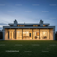 Modern Glass Facade House at Twilight with Illuminated Interior