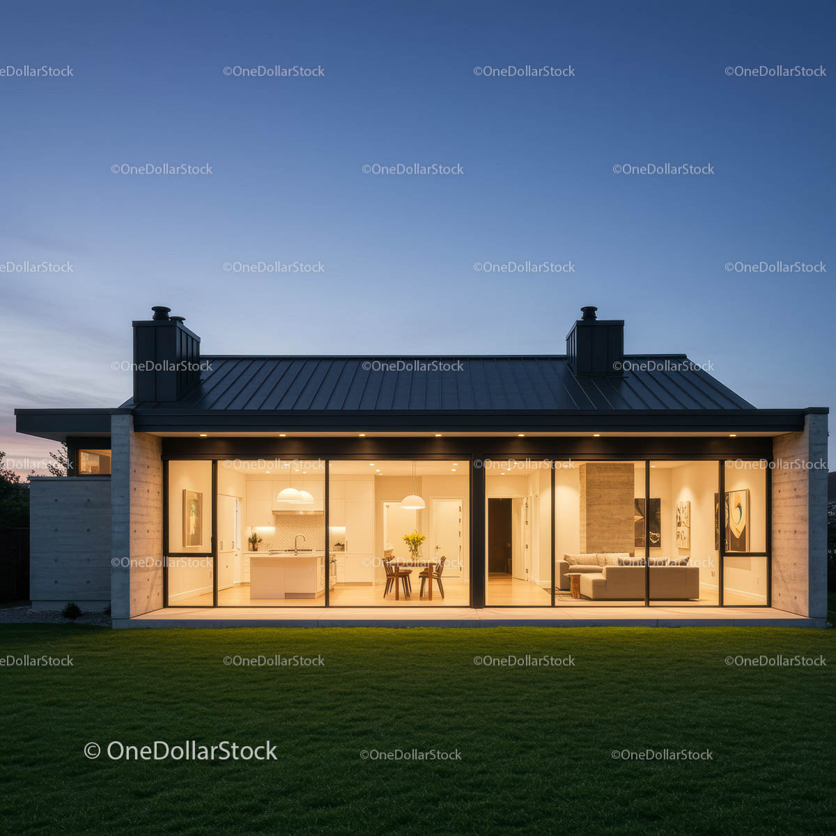Modern Glass-Facade House at Twilight