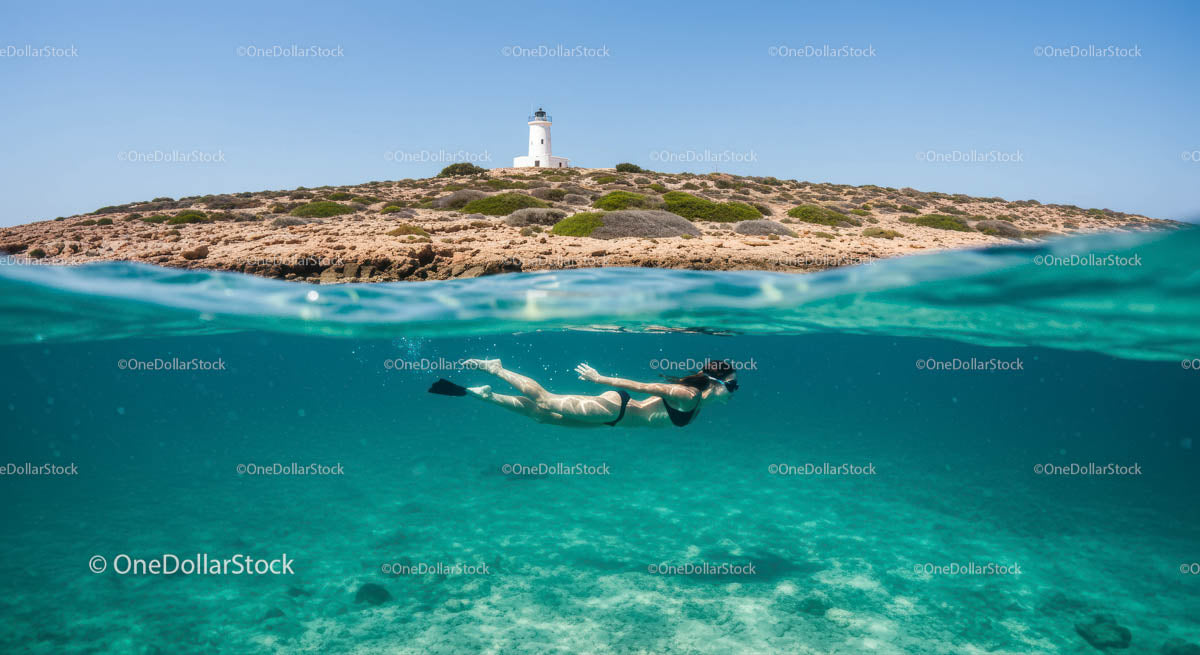 Snorkeler Exploring Clear Waters by Scenic Island Lighthouse