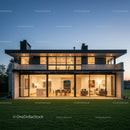 Modern Glass-Faced House Illuminated at Dusk