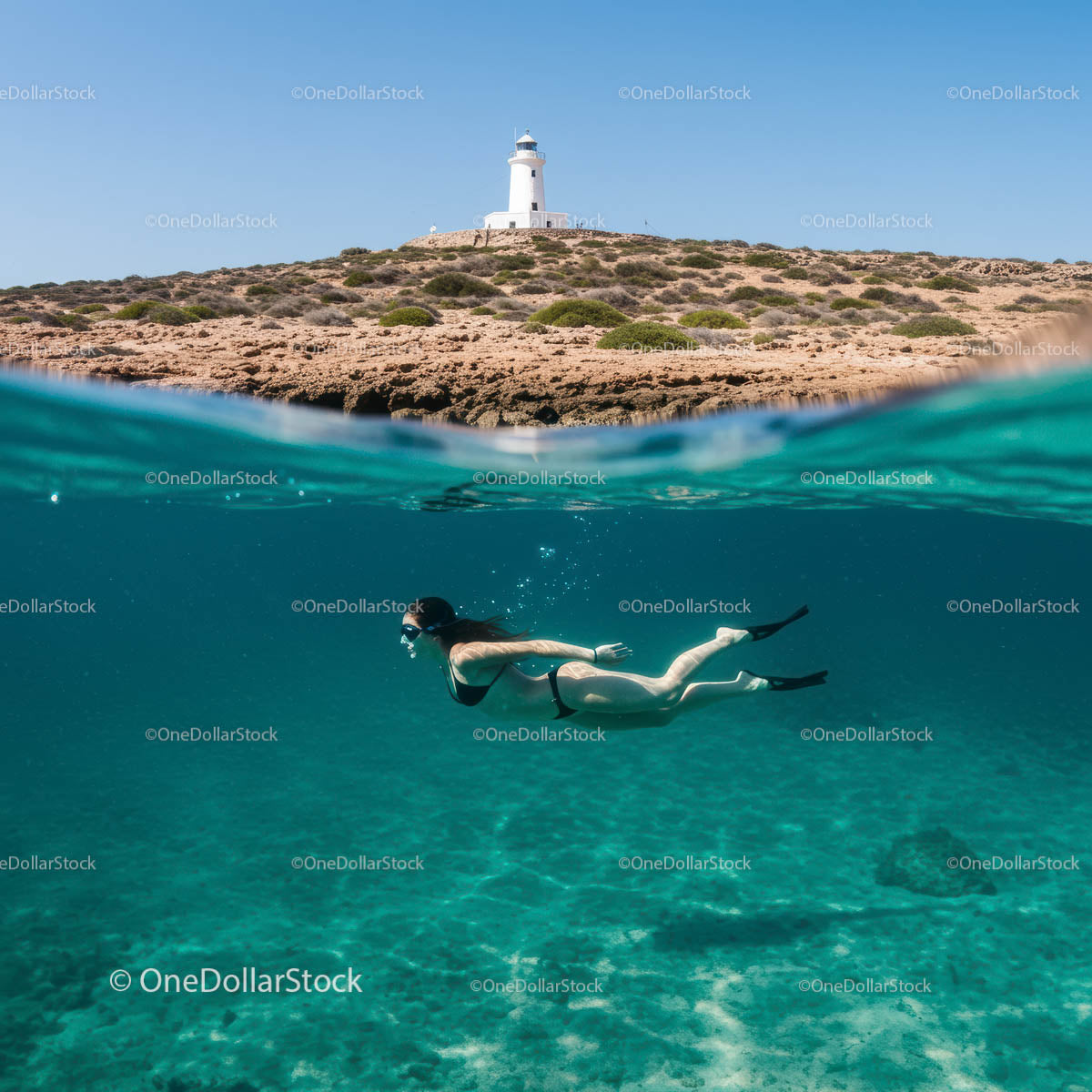 Snorkeler Enjoying Clear Waters near Scenic Lighthouse