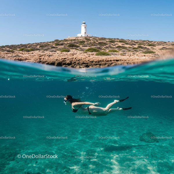 Snorkeler Enjoying Clear Waters near Scenic Lighthouse