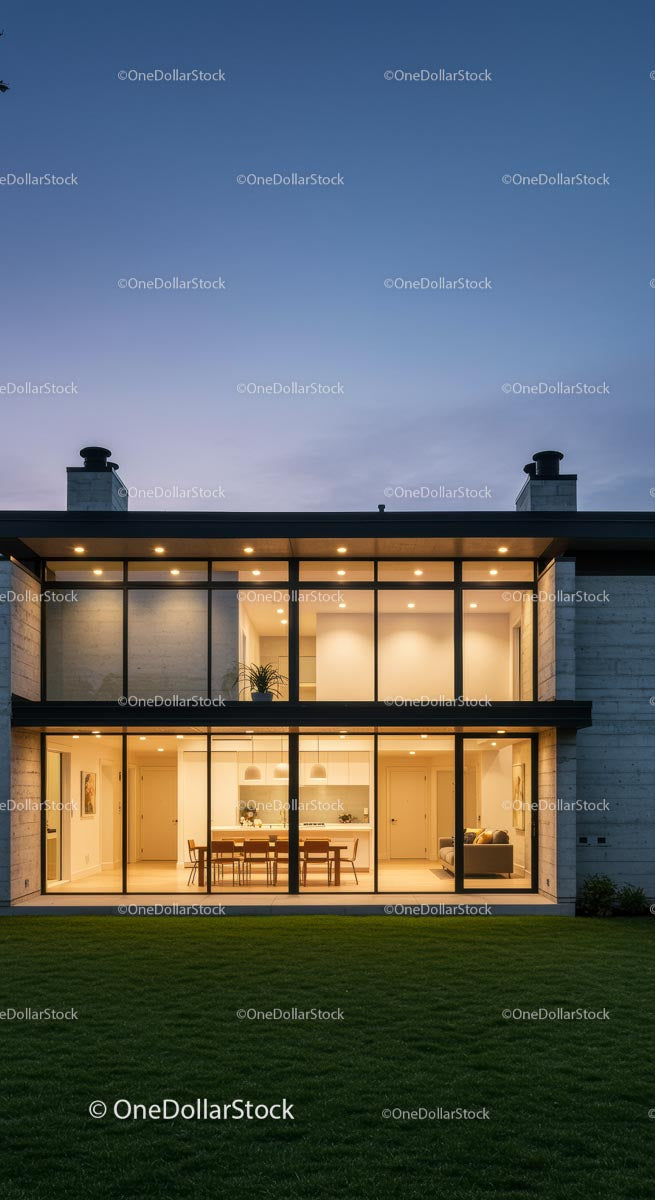 Modern Glass Facade House at Twilight with Illuminated Interior