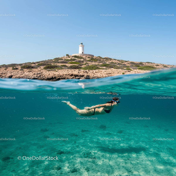 Snorkeling in Clear Waters Near a Coastal Lighthouse