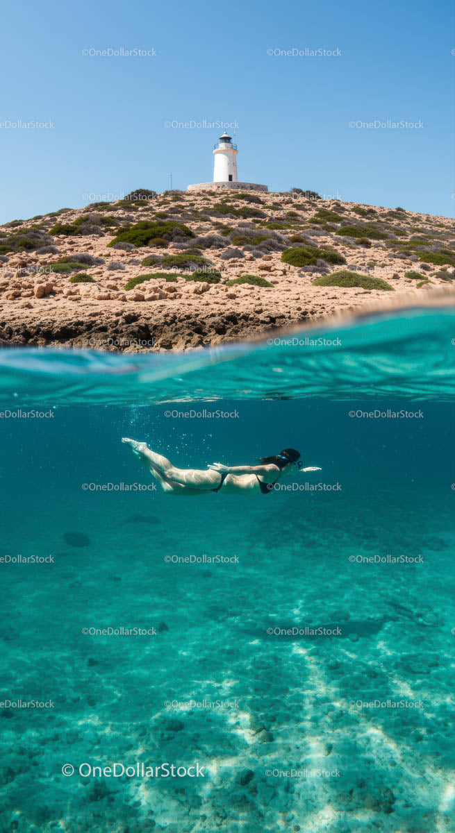 Lighthouse Overlooking Snorkeler in Crystal Clear Blue Waters