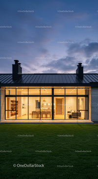 Modern Glass-Front House with Cozy Interior at Dusk