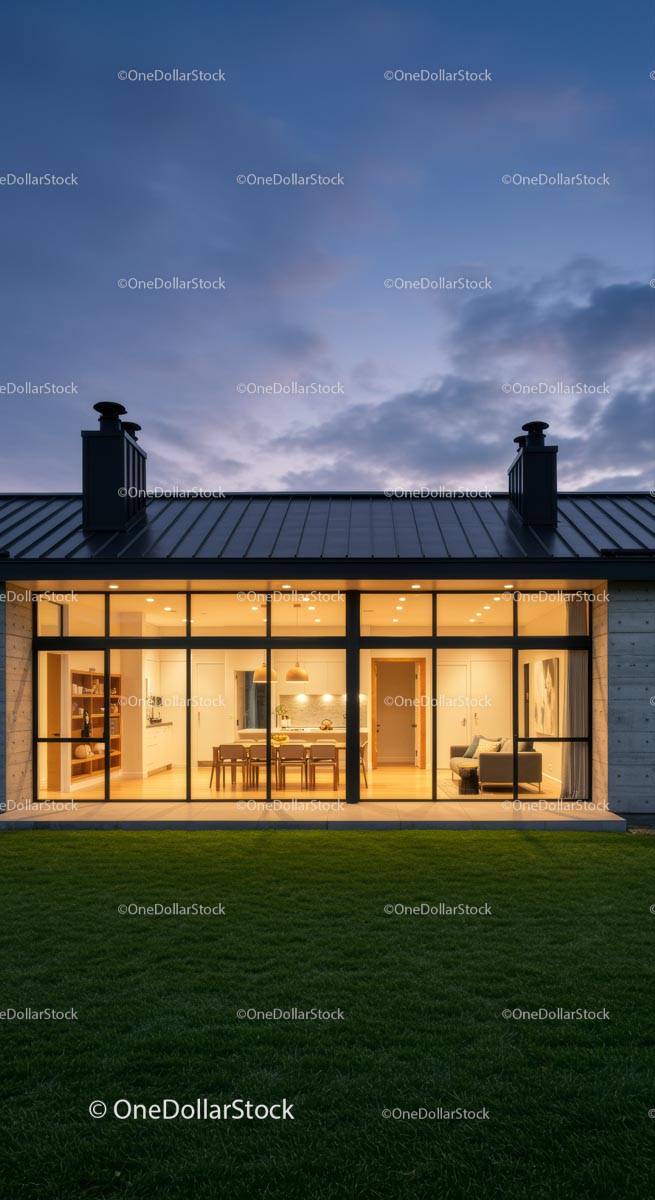 Modern Glass Facade House at Twilight with Illuminated Interior