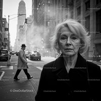 Monochrome Urban Street Scene with Mature Woman