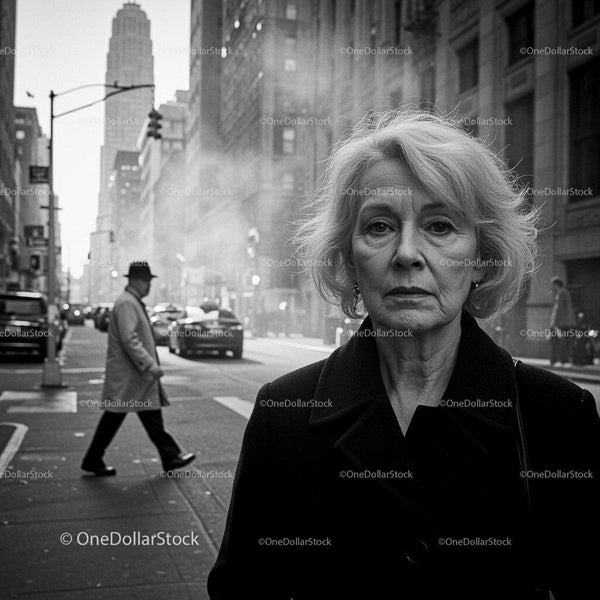 Monochrome Urban Street Scene with Mature Woman