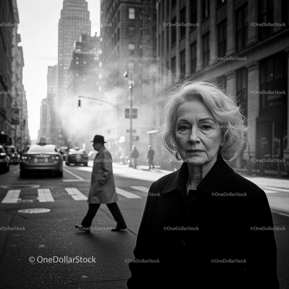Elderly Woman in Classic Black and White Cityscape