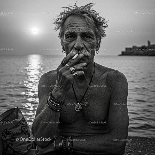 Rugged Man Smoking by the Ocean at Sunset
