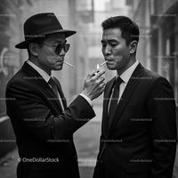 Businessmen in Alleyway Lighting Cigarettes in Noir Style