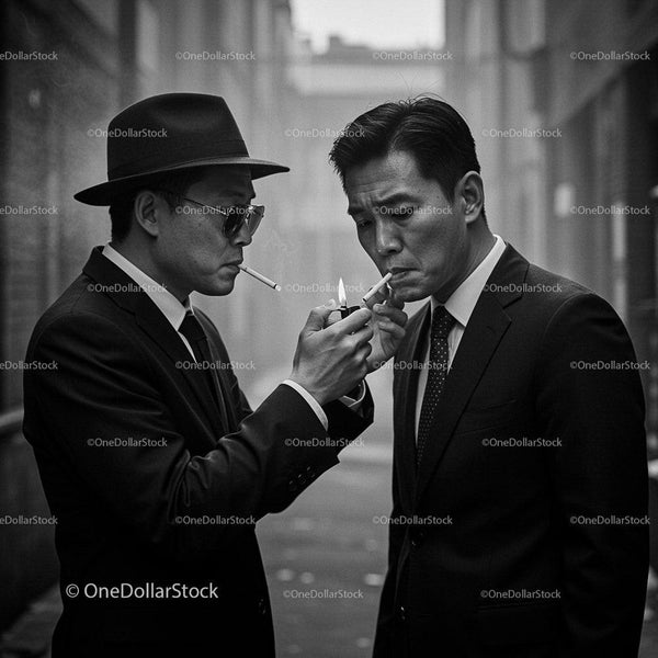 Men in Suits Sharing a Smoke in a City Alley
