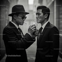 Men in Suits Sharing Cigarettes in Urban Alley