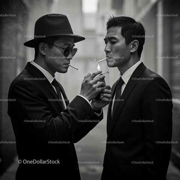 Men in Suits Sharing Cigarettes in Urban Alley