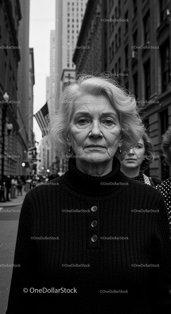 Elderly Woman in Black Outfit on Busy City Street