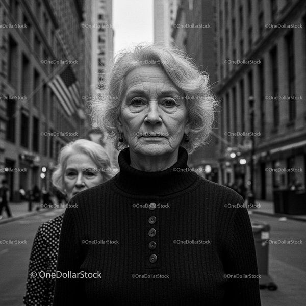 Elderly Women Strolling Through Urban Streets in Monochrome