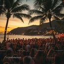 Lively Beach Party at Sunset with Palm Trees and Crowd