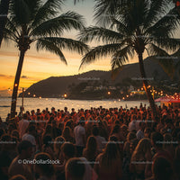 Lively Beach Party at Sunset with Palm Trees and Crowd