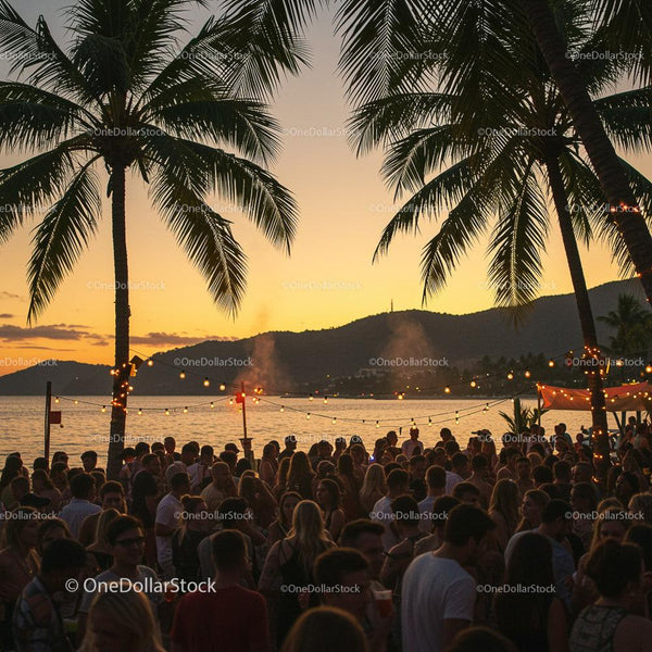 Vibrant Beach Party at Tropical Sunset