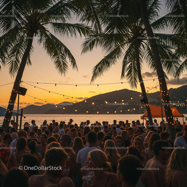 Vibrant Beach Party at Tropical Sunset